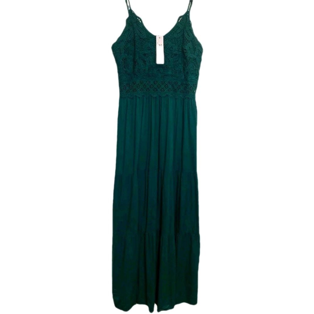 Dokuritu Emerald Green Lace Crochet Maxi Dress Medium Boho Smocked Back Viscose